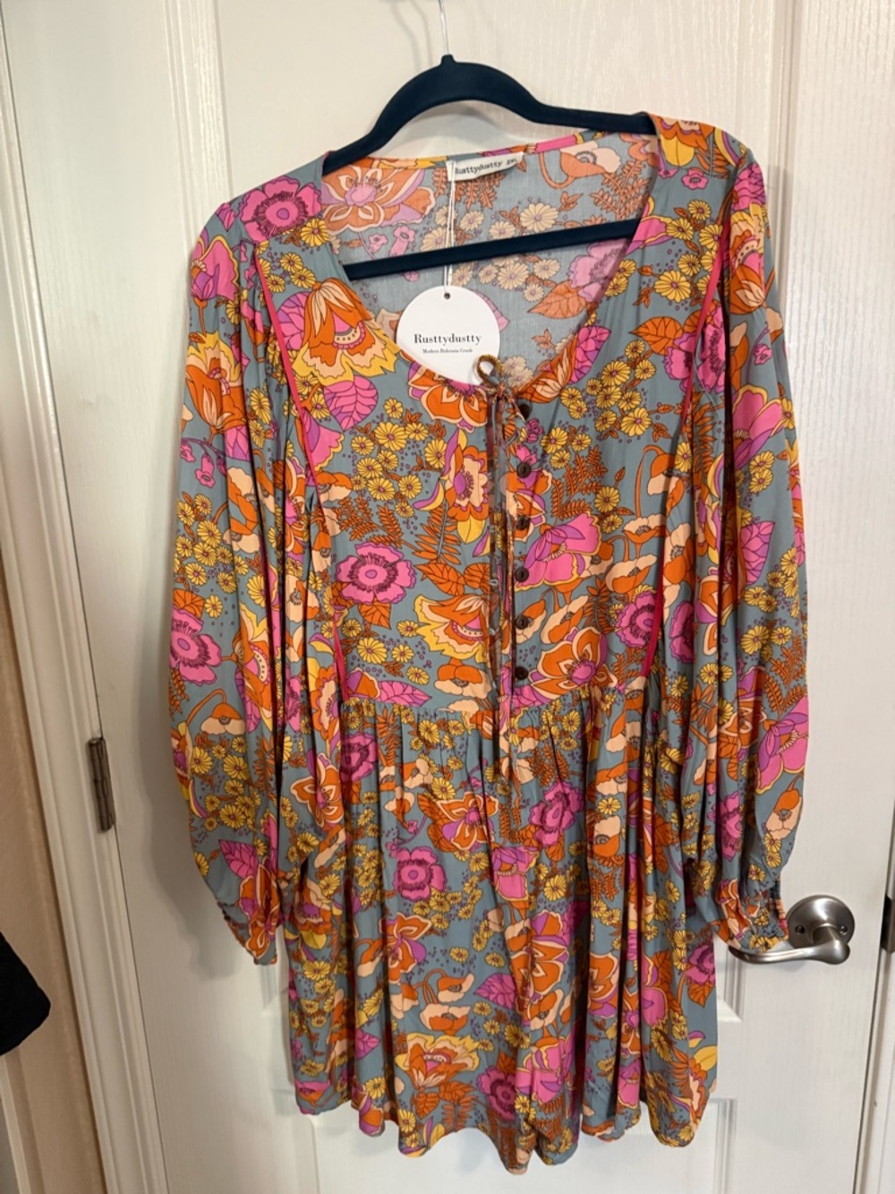 RustyyDustty Floral Boho Tunic Dress - Pink, Orange & Gray